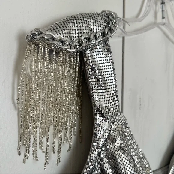 162. BASIX Black Label Silver Metallic Cochella Style Mini Dress •2 - Picture 14 of 16